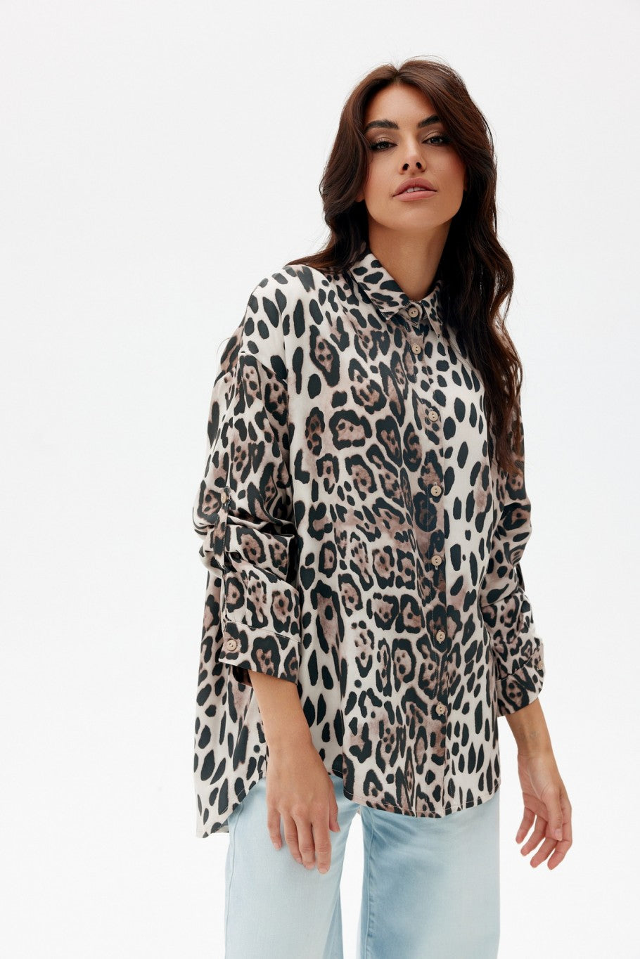 Print Leopard Oversize Long Sleeve Button Blouse for Women